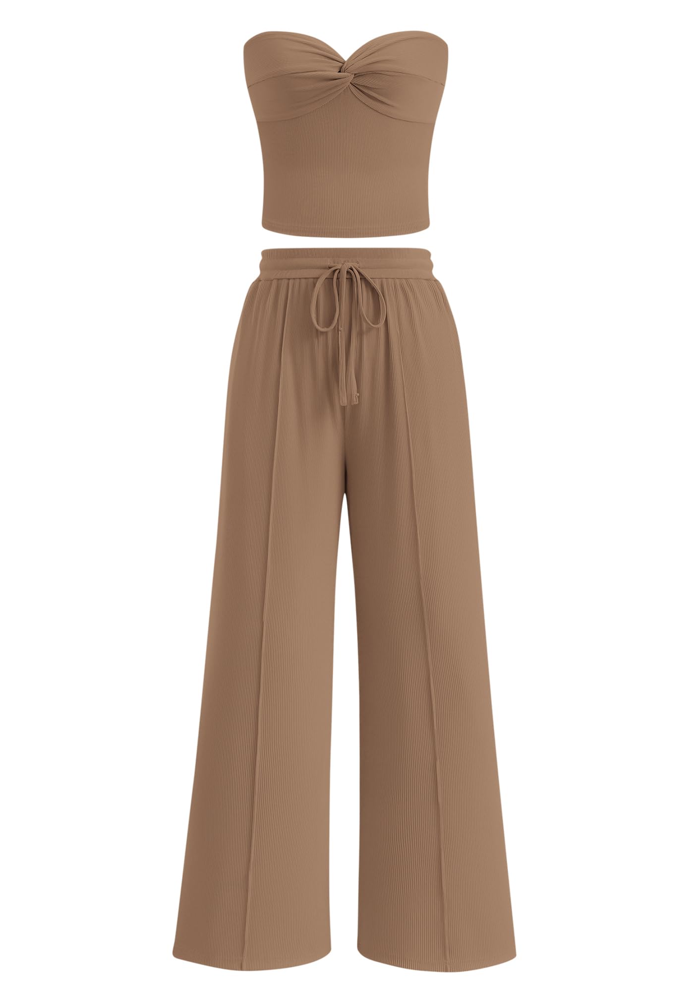 Women Ribbed Strapless Twist Knot Tube Top Pants 2 Piece Set