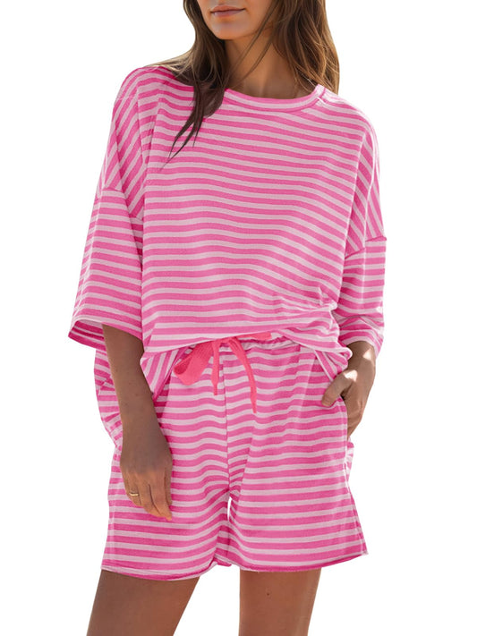 ⏰Hot Sale-Womens Striped 3/4 Sleeve Oversized Tops High Waisted Shorts Casual Lounge Sets