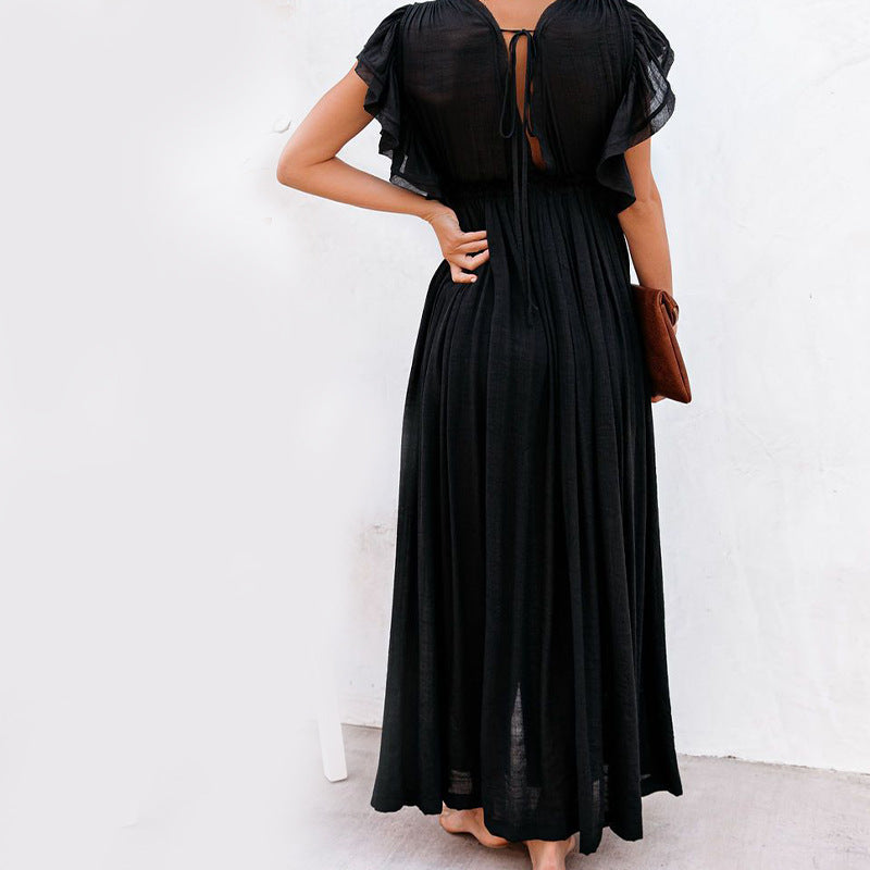 Women's Button Down V Neck Ruffle Flowy Dress
