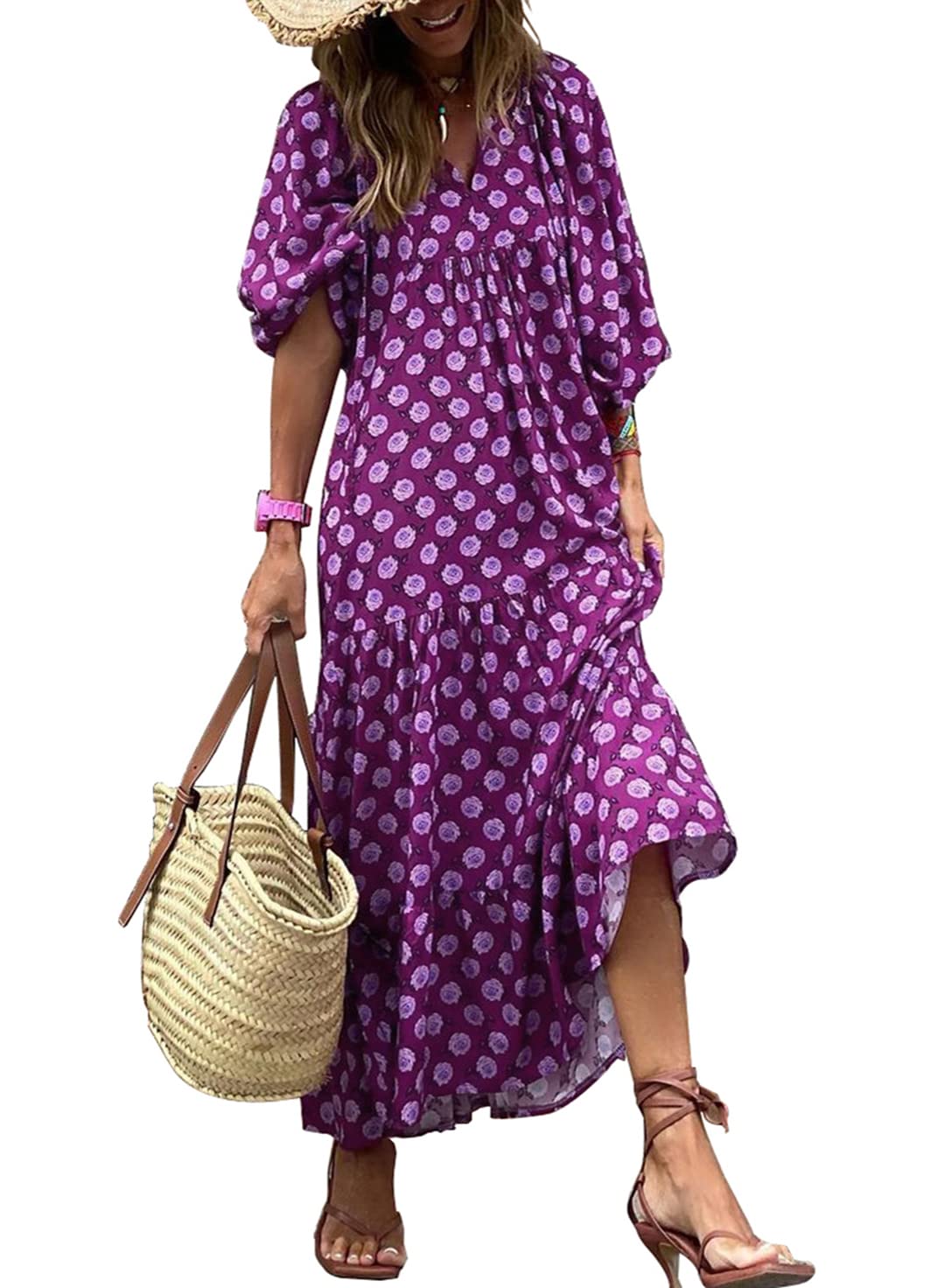 SUMMER CHIC- Women's Puff Sleeve Floral Boho Maxi Dress (Buy 2 Free Shipping)