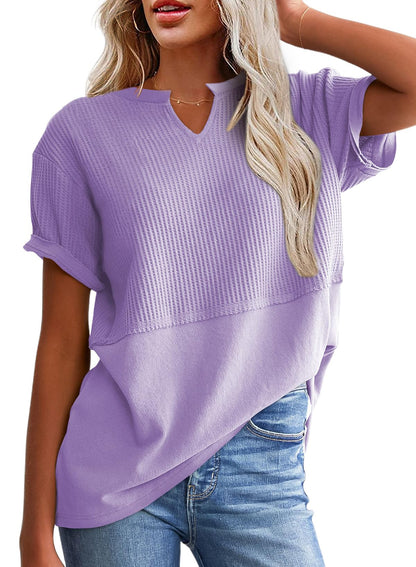 Limited time sale🔥Women's Casual V Neck Waffle Knit Tops Short Sleeve T Shirts
