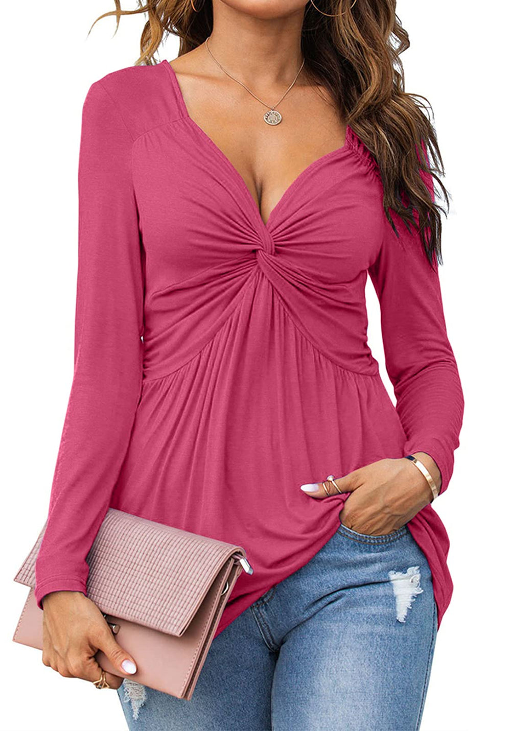 Hot Sale Women V-Neck Front Knotted Long Sleeve Casual Solid Color Pullover Tops