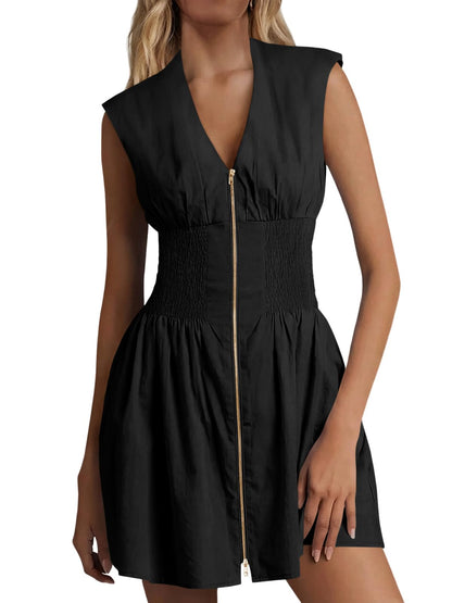Women's Sleeveless V-Neck Zip Front Mini Dress with Smocked Waist & Pockets