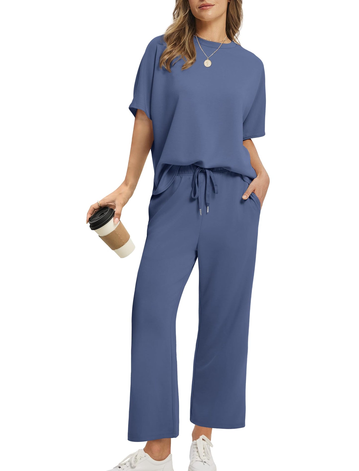 2026 Women Oversized Tshirt and Wide Leg Crop Pants 2 Piece Sets