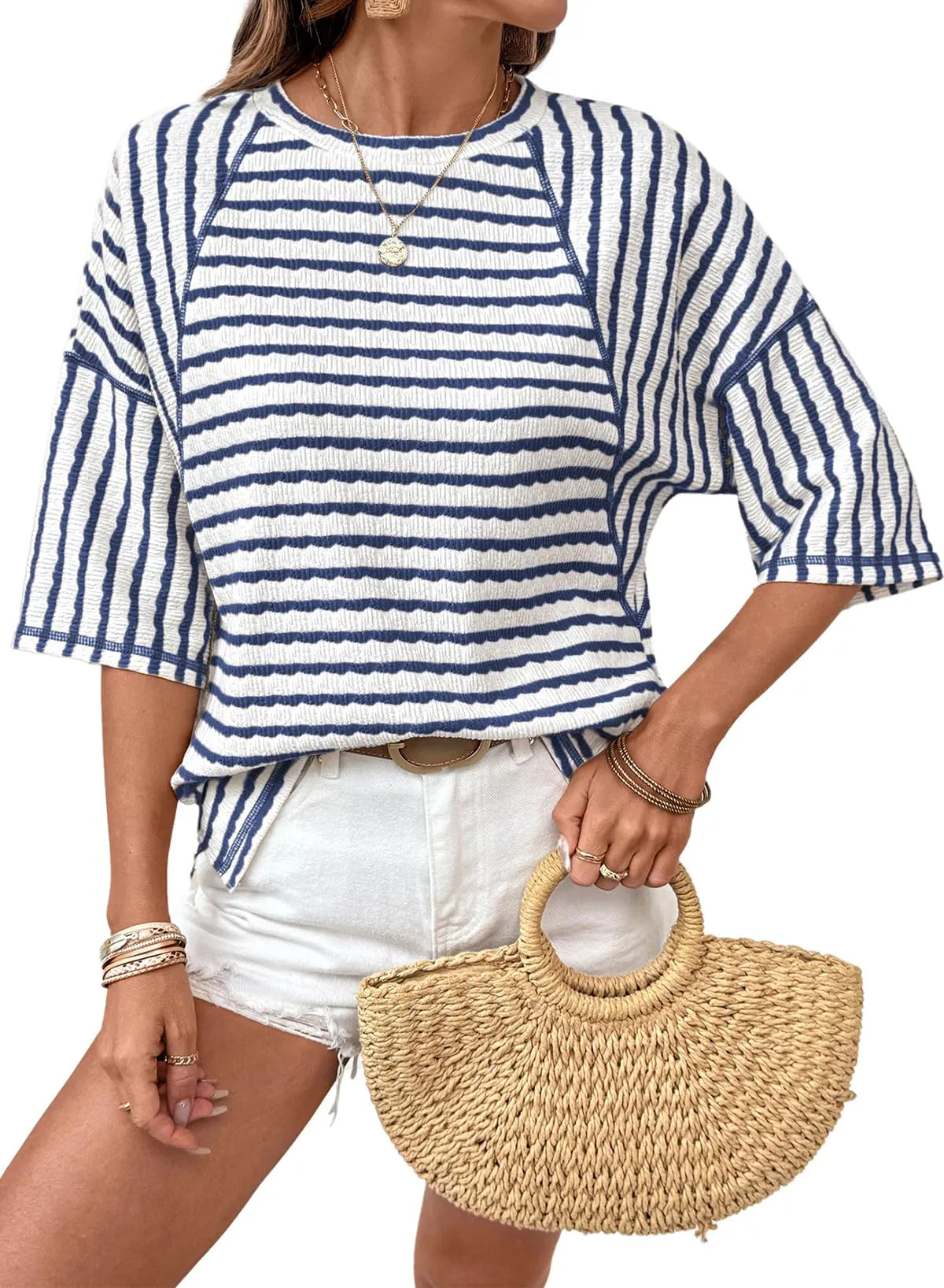 Limited time sale🔥Women Stripe Textured Knit Split Hem Top