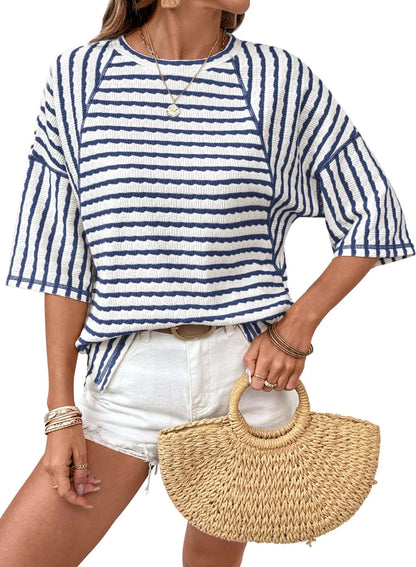 Limited time sale🔥Women Stripe Textured Knit Split Hem Top