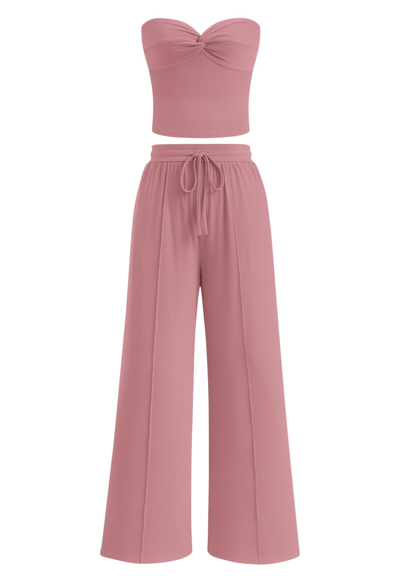 Women Ribbed Strapless Twist Knot Tube Top Pants 2 Piece Set