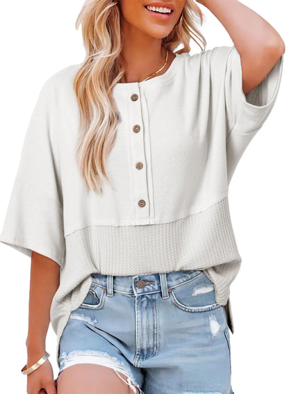 Limited time sale🔥Women's 3/4 Sleeve Casual Button Down Waffle Knit Tops