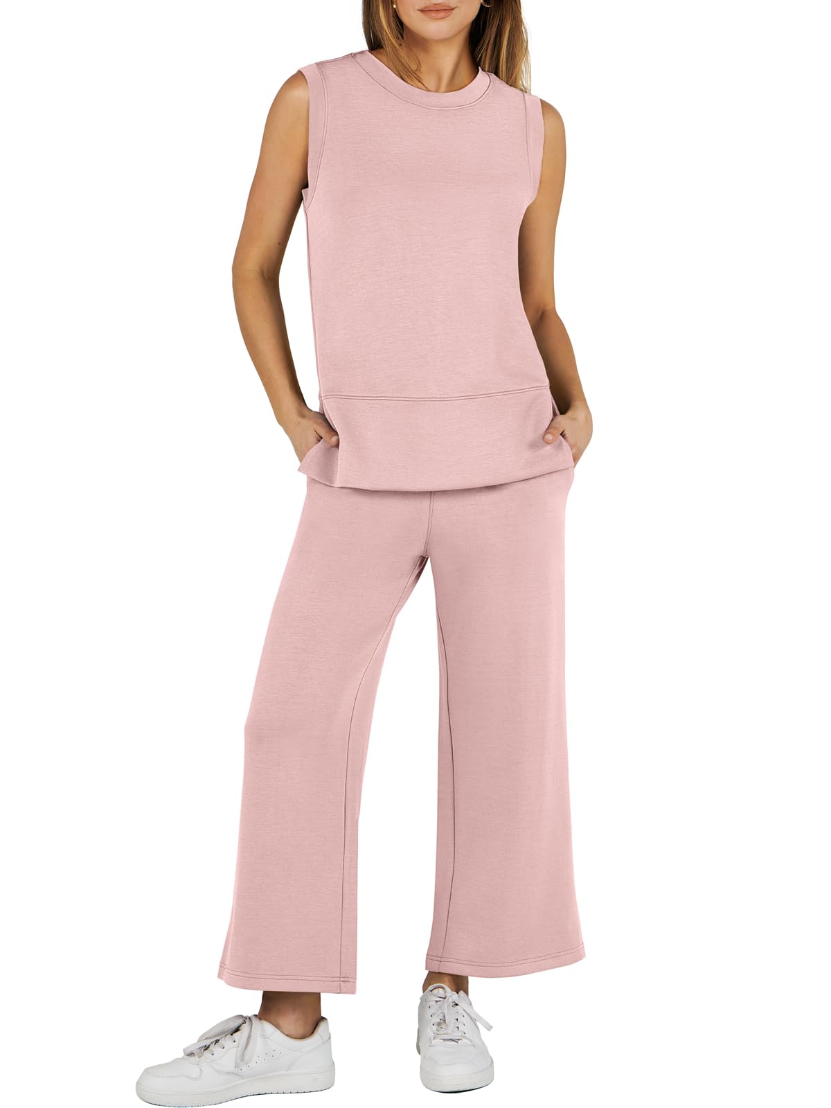 Limited time sale🔥Women's Sleeveless Slit Hem Wide Leg Suit Casual Two Piece Set