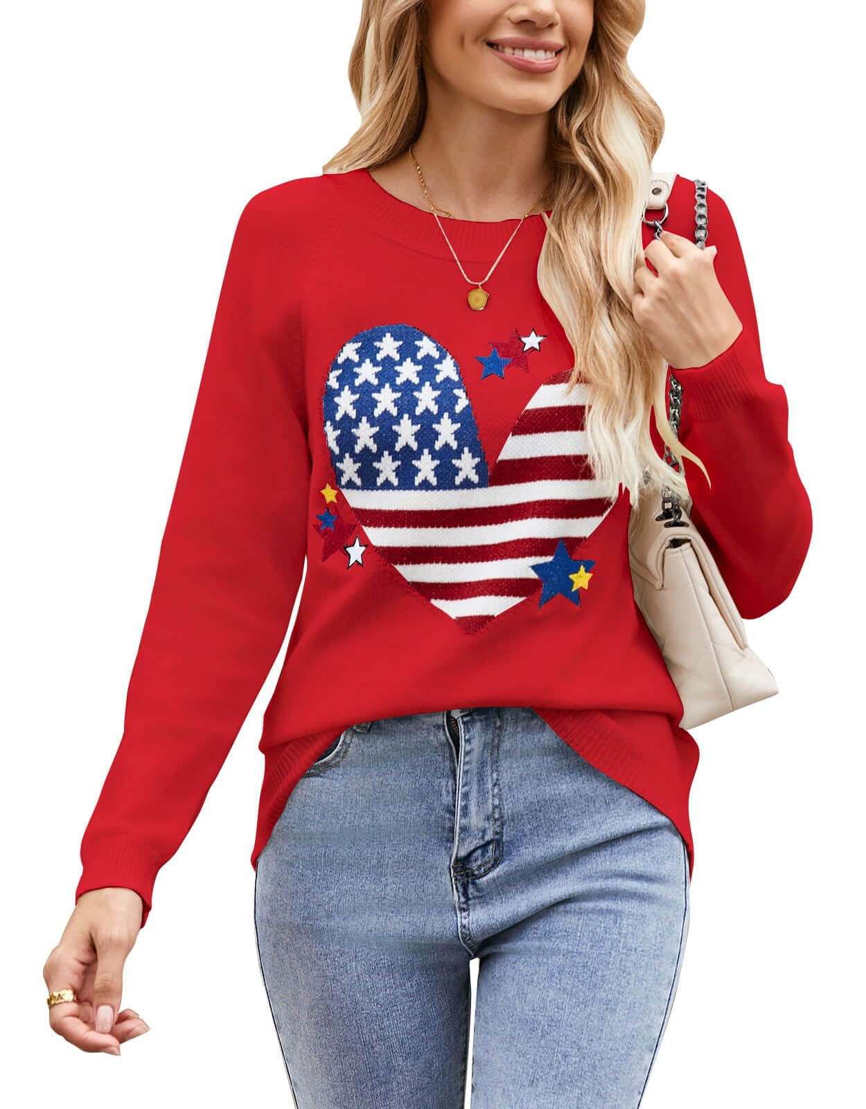 Women's Pullover Sweaters Long Sleeve Front Ribbed Knitted Cute Heart Sweater