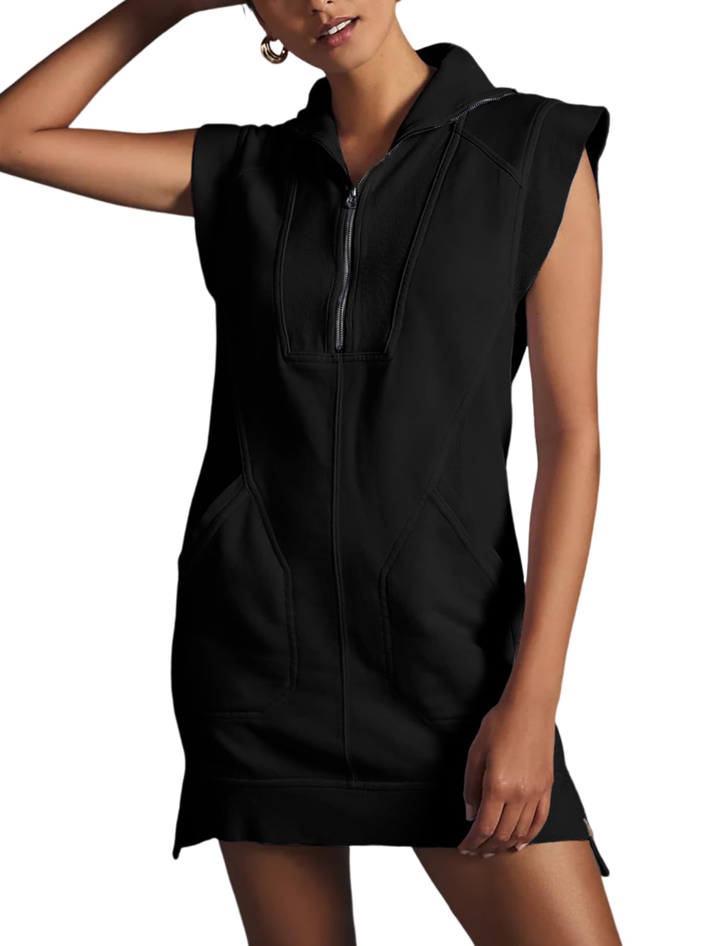 Women's Half Zip Sweatshirt Sleeveless Pullover Mini Dress