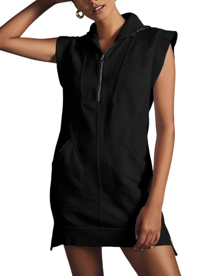 Women's Half Zip Sweatshirt Sleeveless Pullover Mini Dress