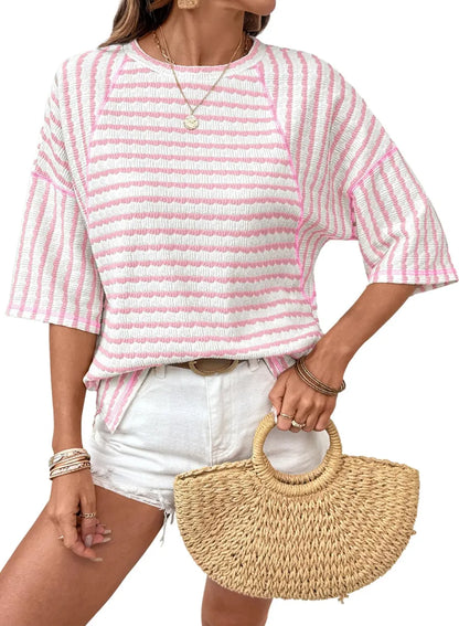 Limited time sale🔥Women Stripe Textured Knit Split Hem Top