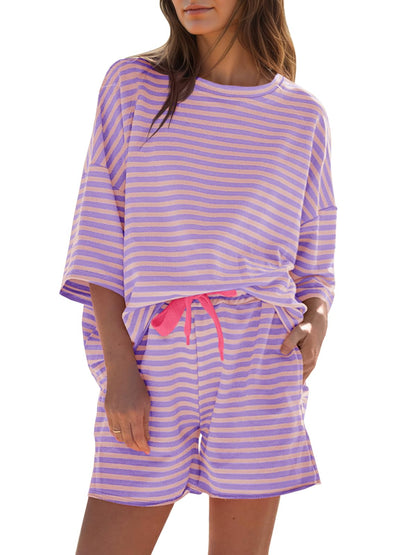 ⏰Hot Sale-Womens Striped 3/4 Sleeve Oversized Tops High Waisted Shorts Casual Lounge Sets