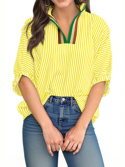 ⏰Hot Sale-Womens V Neck Striped Blouse Oversized Dolman Sleeve Tops