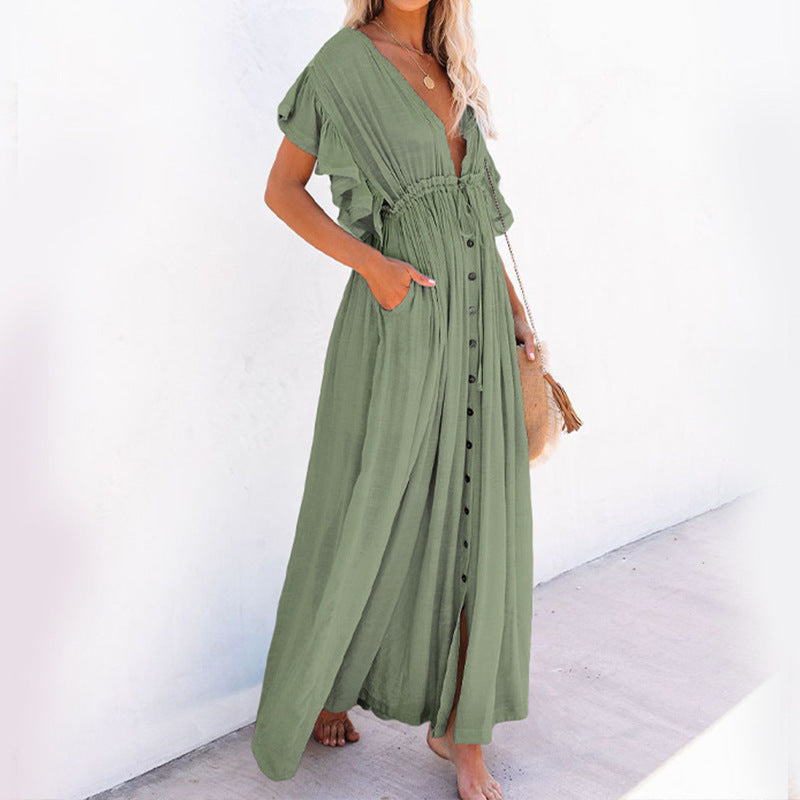 Women's Button Down V Neck Ruffle Flowy Dress