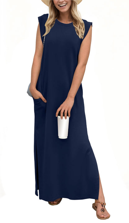 Women Summer Casual Loose Split Wrinkle-Free Long Dress