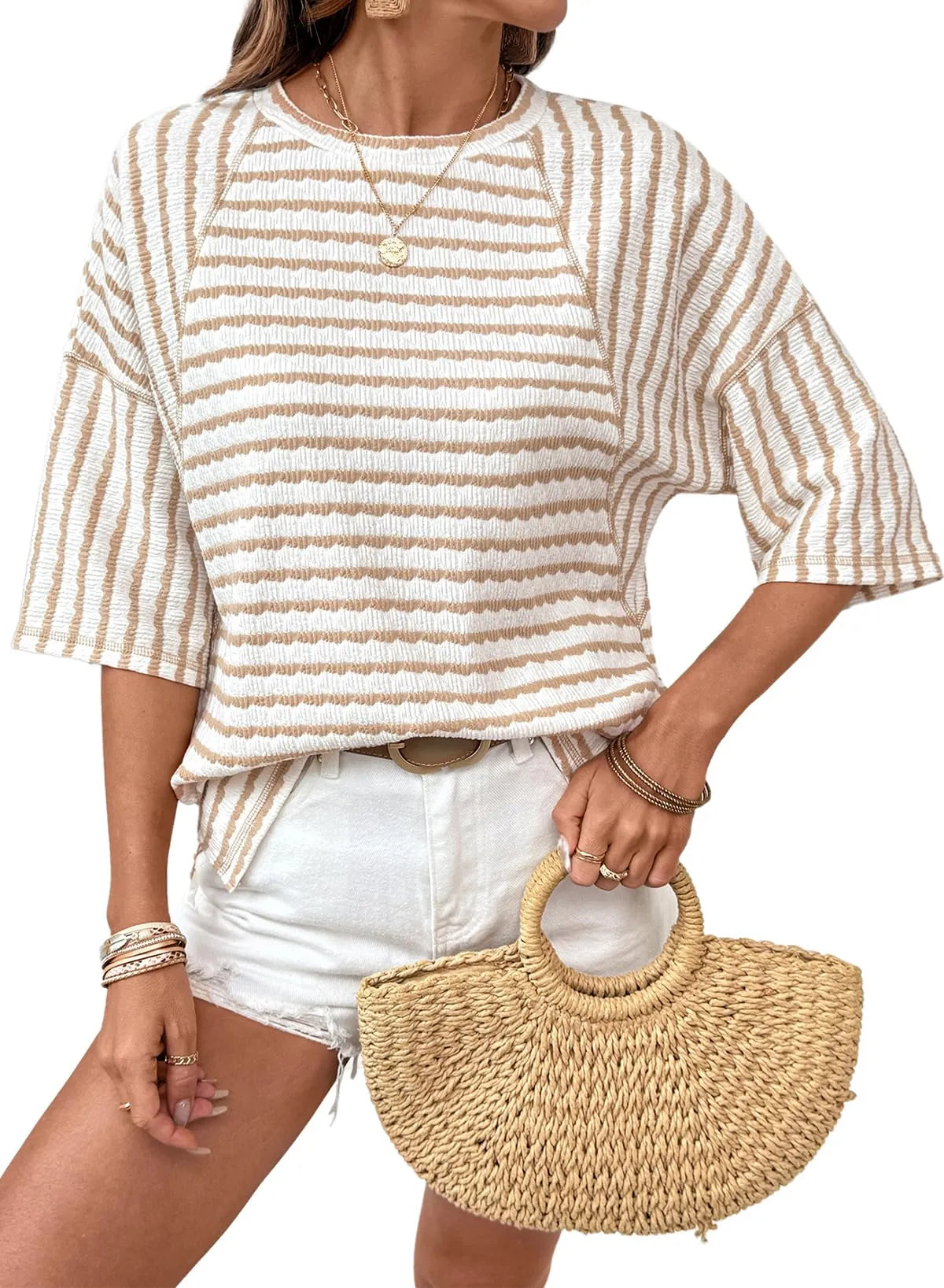 Limited time sale🔥Women Stripe Textured Knit Split Hem Top