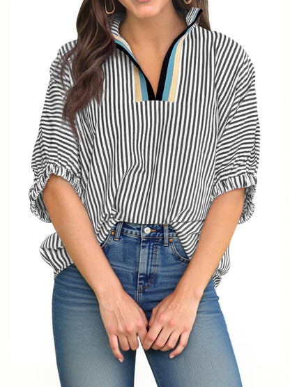 ⏰Hot Sale-Womens V Neck Striped Blouse Oversized Dolman Sleeve Tops