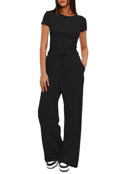 Women's Ruched Short Sleeve Tops and High Waisted Wide Leg Pants  Sets