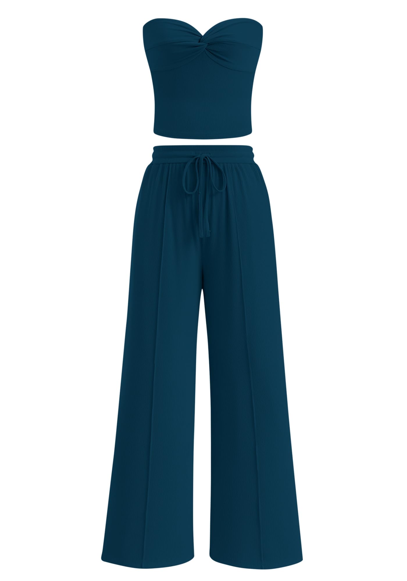 Women Ribbed Strapless Twist Knot Tube Top Pants 2 Piece Set