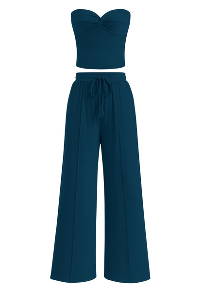 Women Ribbed Strapless Twist Knot Tube Top Pants 2 Piece Set