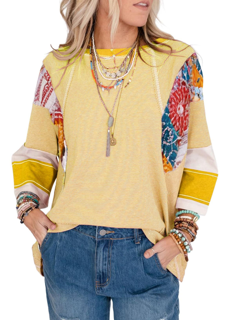 ✨Women's 3/4 Length Sleeve Oversized Striped Patchwork Shirts