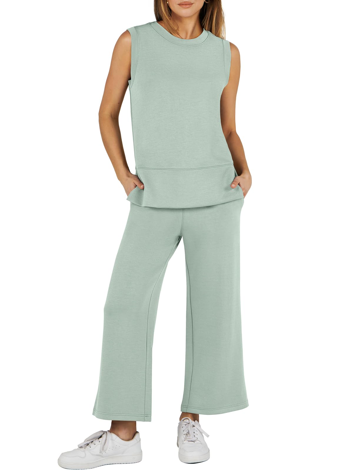 Limited time sale🔥Women's Sleeveless Slit Hem Wide Leg Suit Casual Two Piece Set