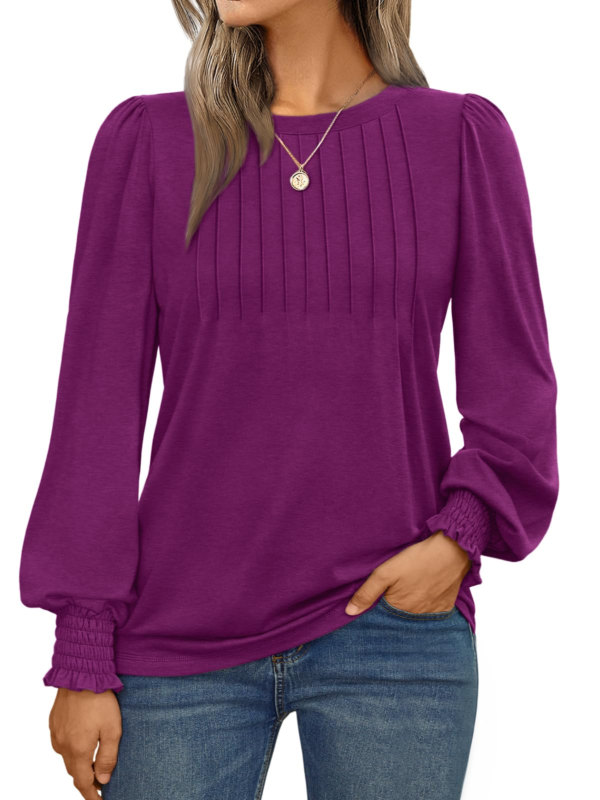 Long Sleeve Shirts Womens Pleated Business Casual Blouses