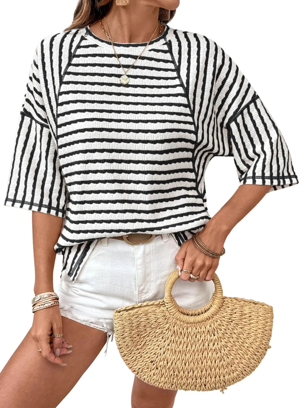 Limited time sale🔥Women Stripe Textured Knit Split Hem Top