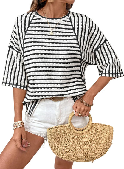 Limited time sale🔥Women Stripe Textured Knit Split Hem Top