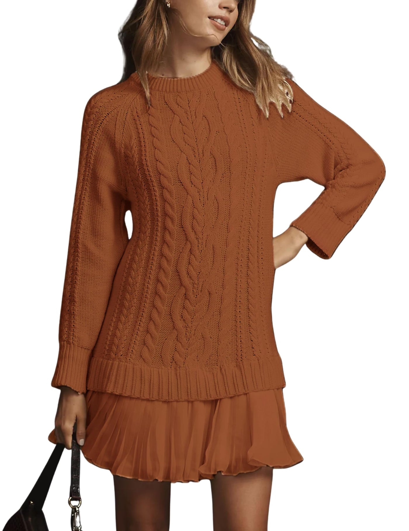 Limited time sale🔥Women Crewneck Cable Knit Sweater Mini Dress