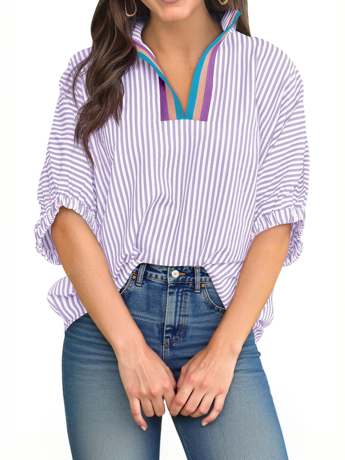 ⏰Hot Sale-Womens V Neck Striped Blouse Oversized Dolman Sleeve Tops