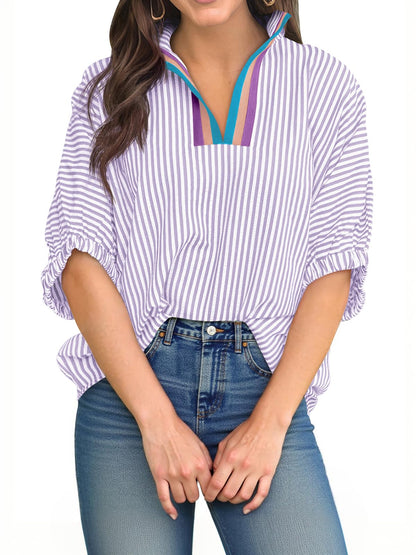 ⏰Hot Sale-Womens V Neck Striped Blouse Oversized Dolman Sleeve Tops