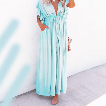 Women's Button Down V Neck Ruffle Flowy Dress