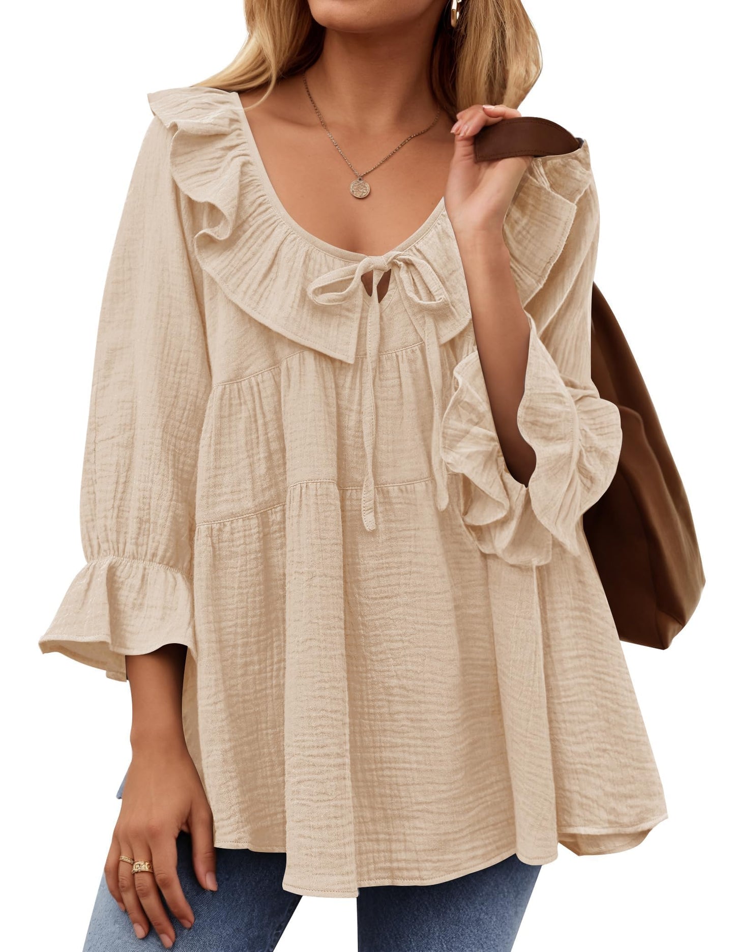 ✨2025 New Women’s Scoop Neck 3/4 Length Sleeve Tie Front Ruffle Tiered Tunic Shirts