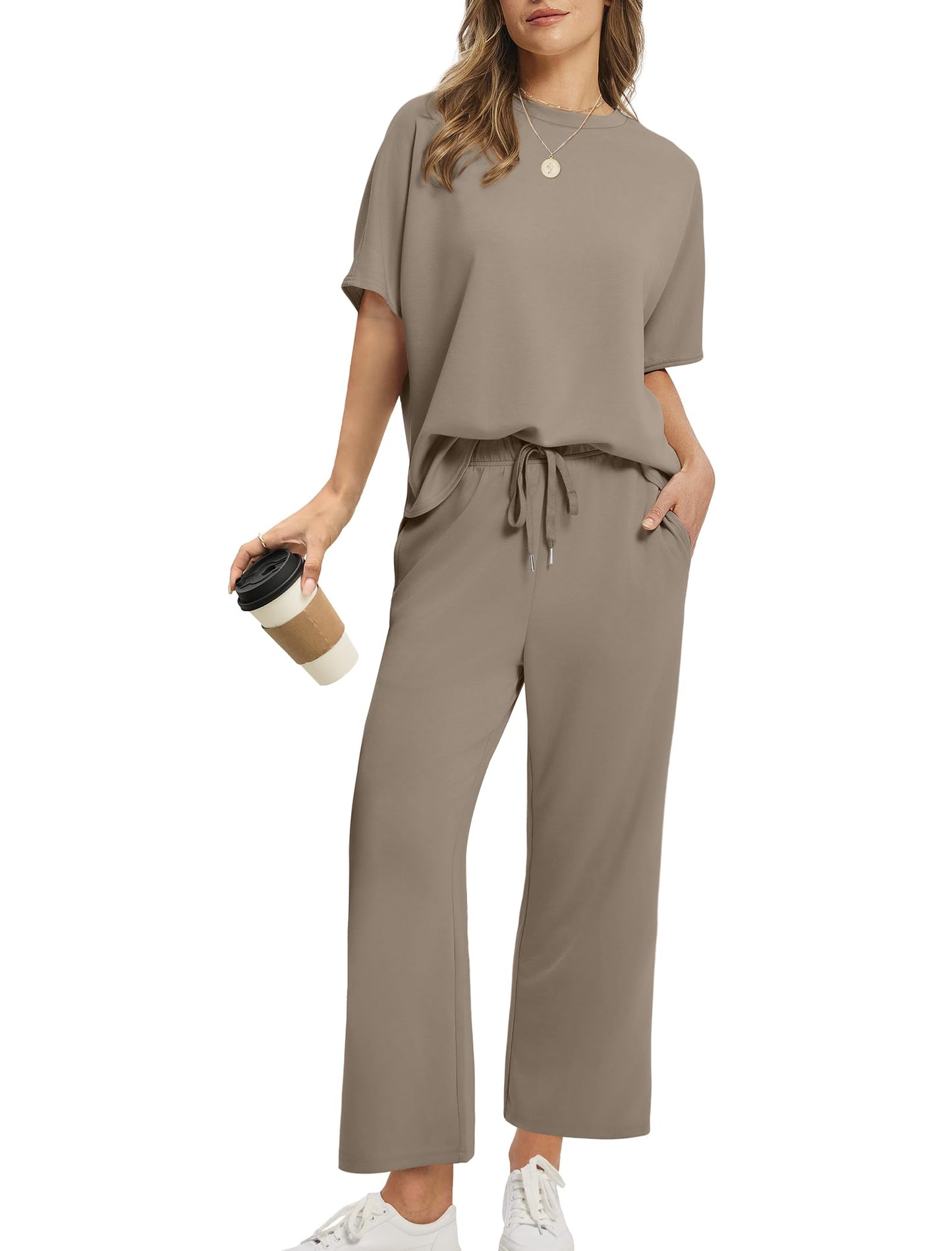 2026 Women Oversized Tshirt and Wide Leg Crop Pants 2 Piece Sets