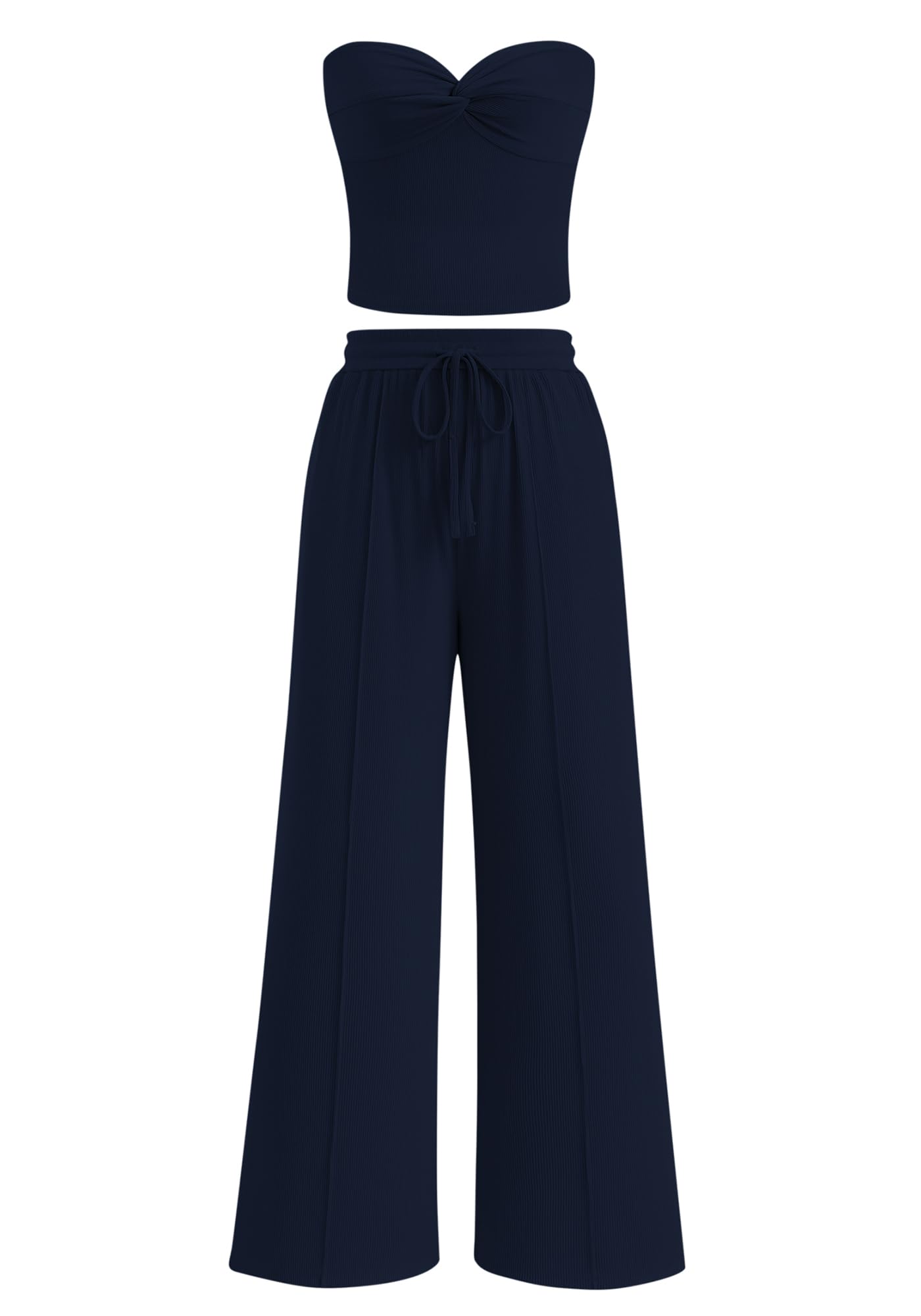 Women Ribbed Strapless Twist Knot Tube Top Pants 2 Piece Set