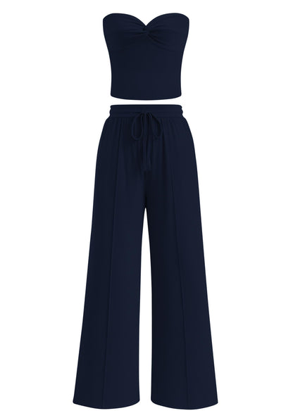 Women Ribbed Strapless Twist Knot Tube Top Pants 2 Piece Set
