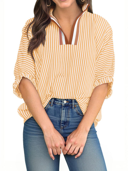 ⏰Hot Sale-Womens V Neck Striped Blouse Oversized Dolman Sleeve Tops