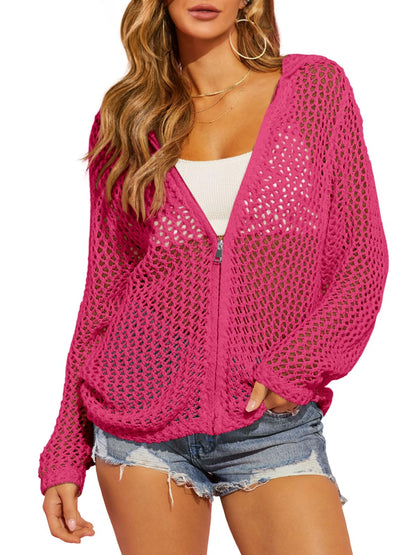 2026 Womens Crochet Lightweight Cardigans Zip Up Hooded Cover Up