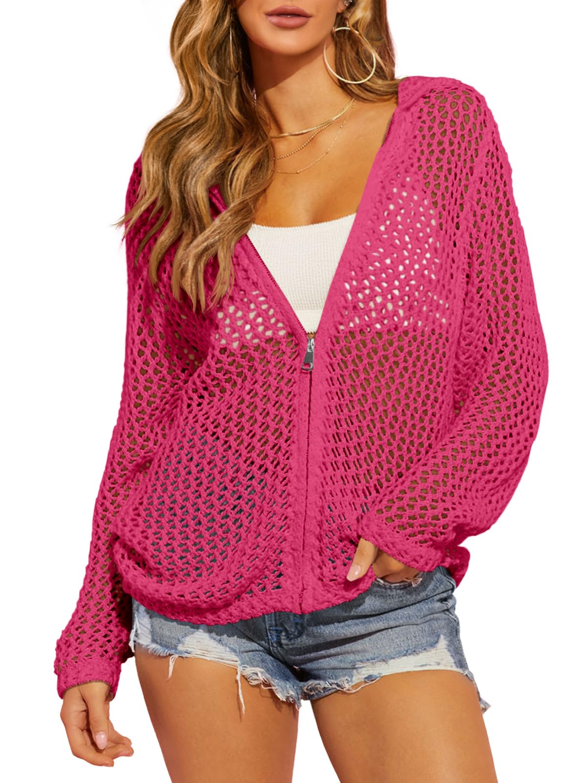Limited time sale🔥Womens Crochet Lightweight Cardigans Zip Up Hooded Cover Up