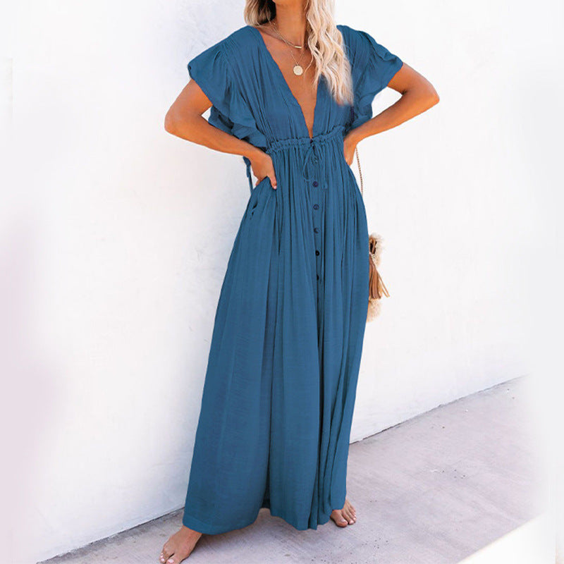 Women's Button Down V Neck Ruffle Flowy Dress