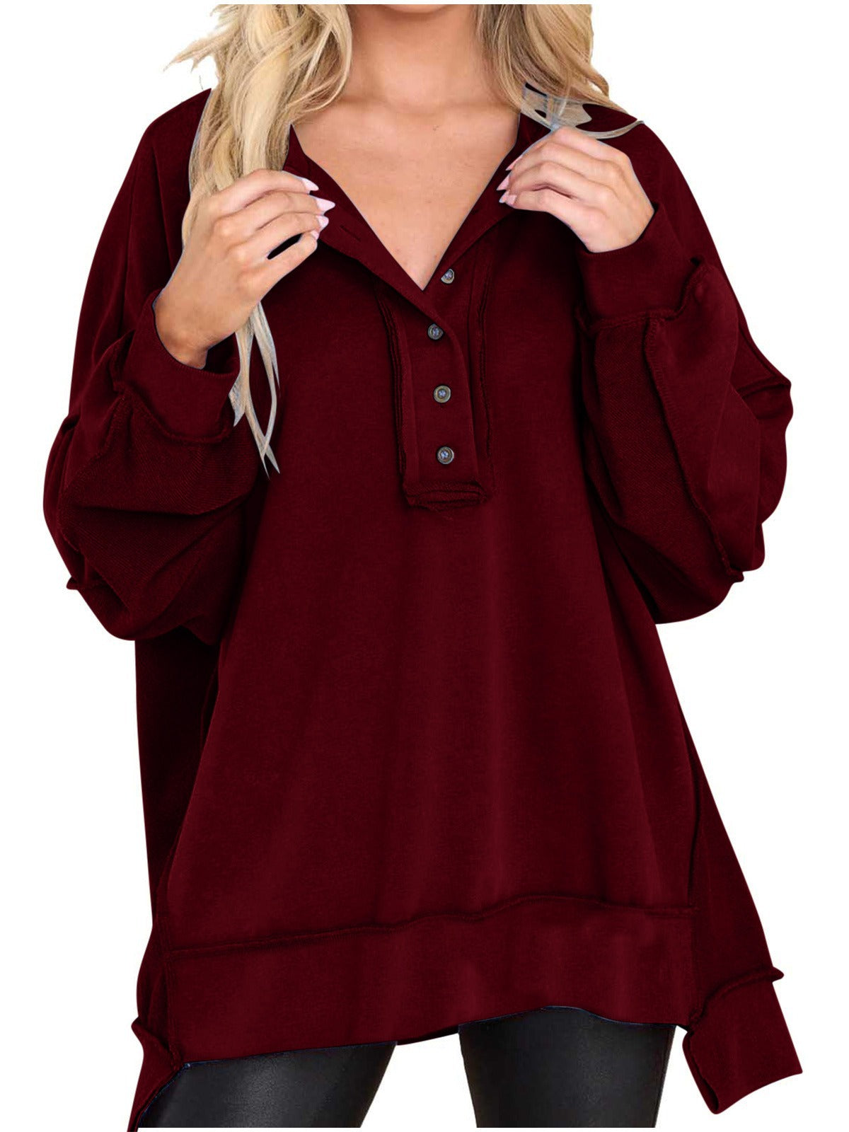 Limited time sale🔥Women's Oversized Henley Casual Buttoned Sweatshirt