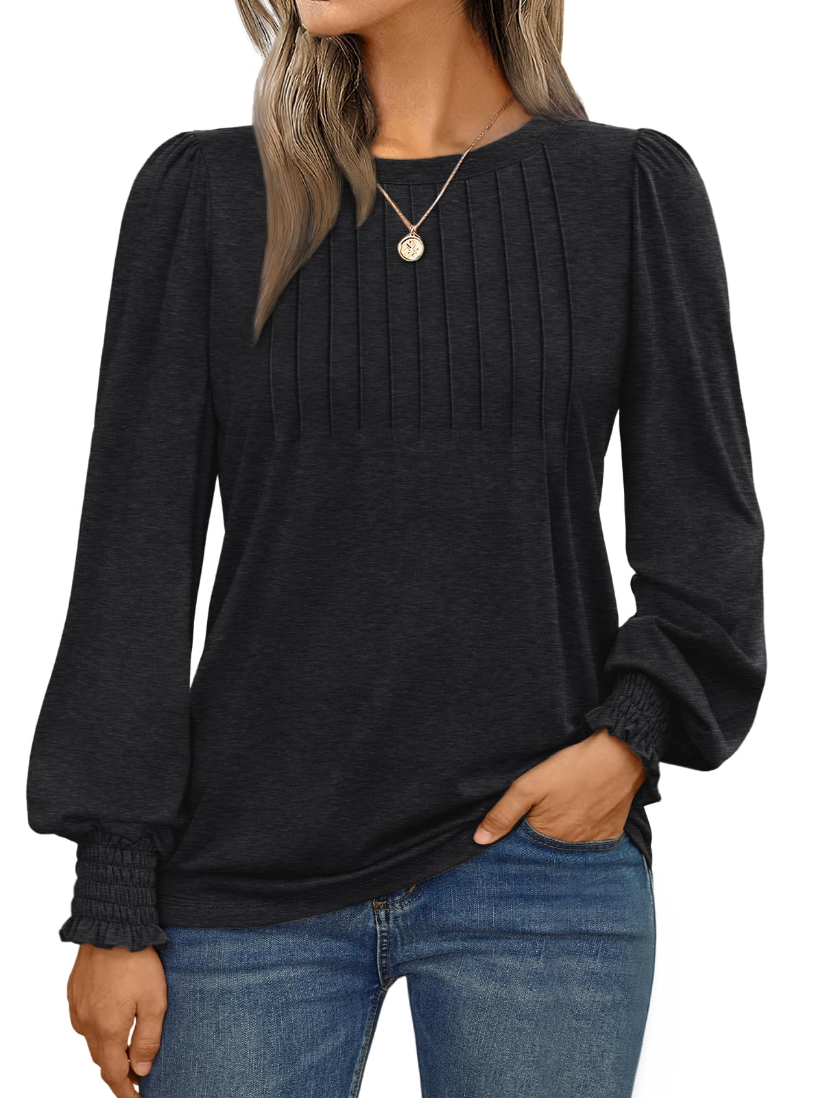 Long Sleeve Shirts Womens Pleated Business Casual Blouses