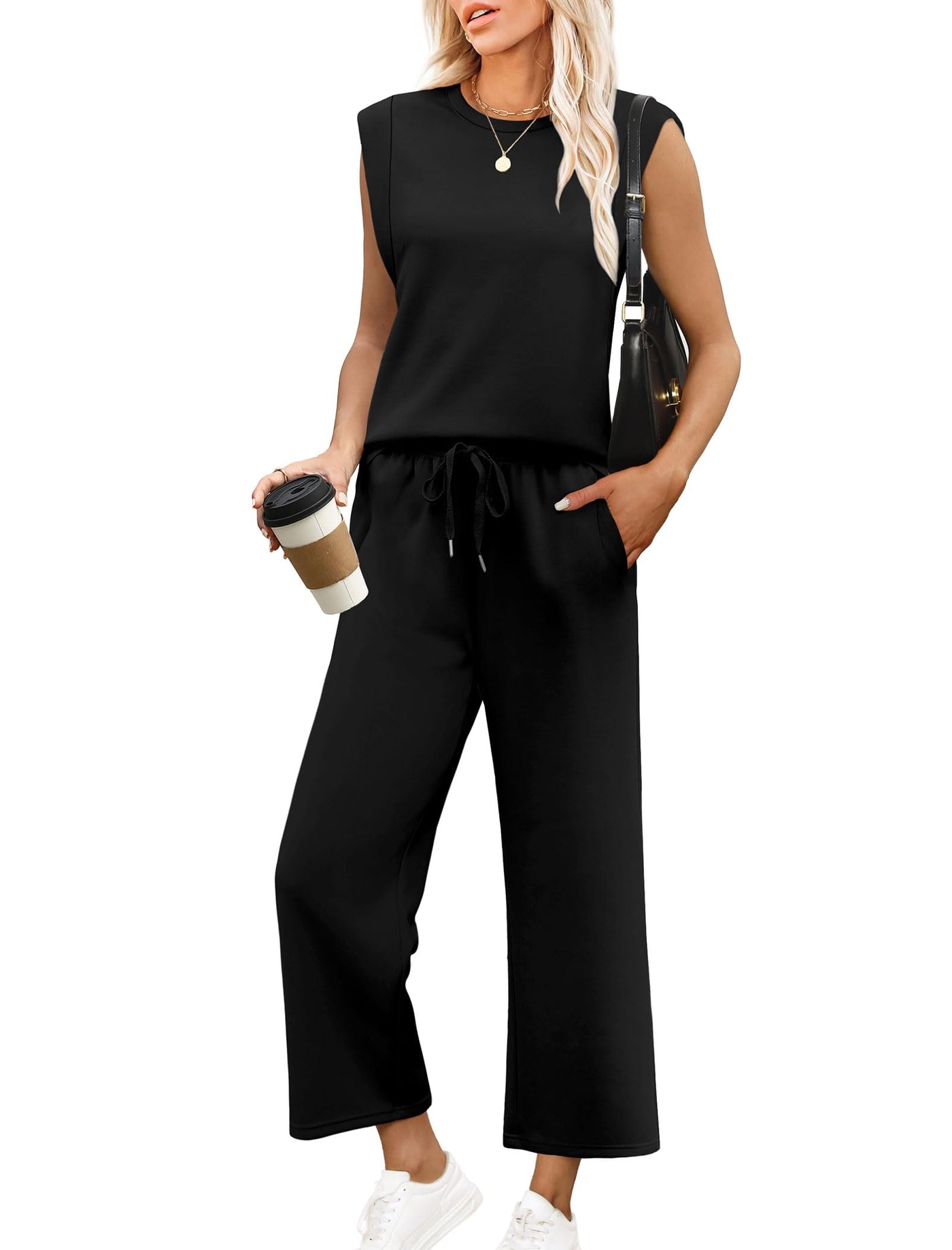 ✨Women's Casual Cap Sleeve Top Wide Leg Crop Pants Two Piece Sets