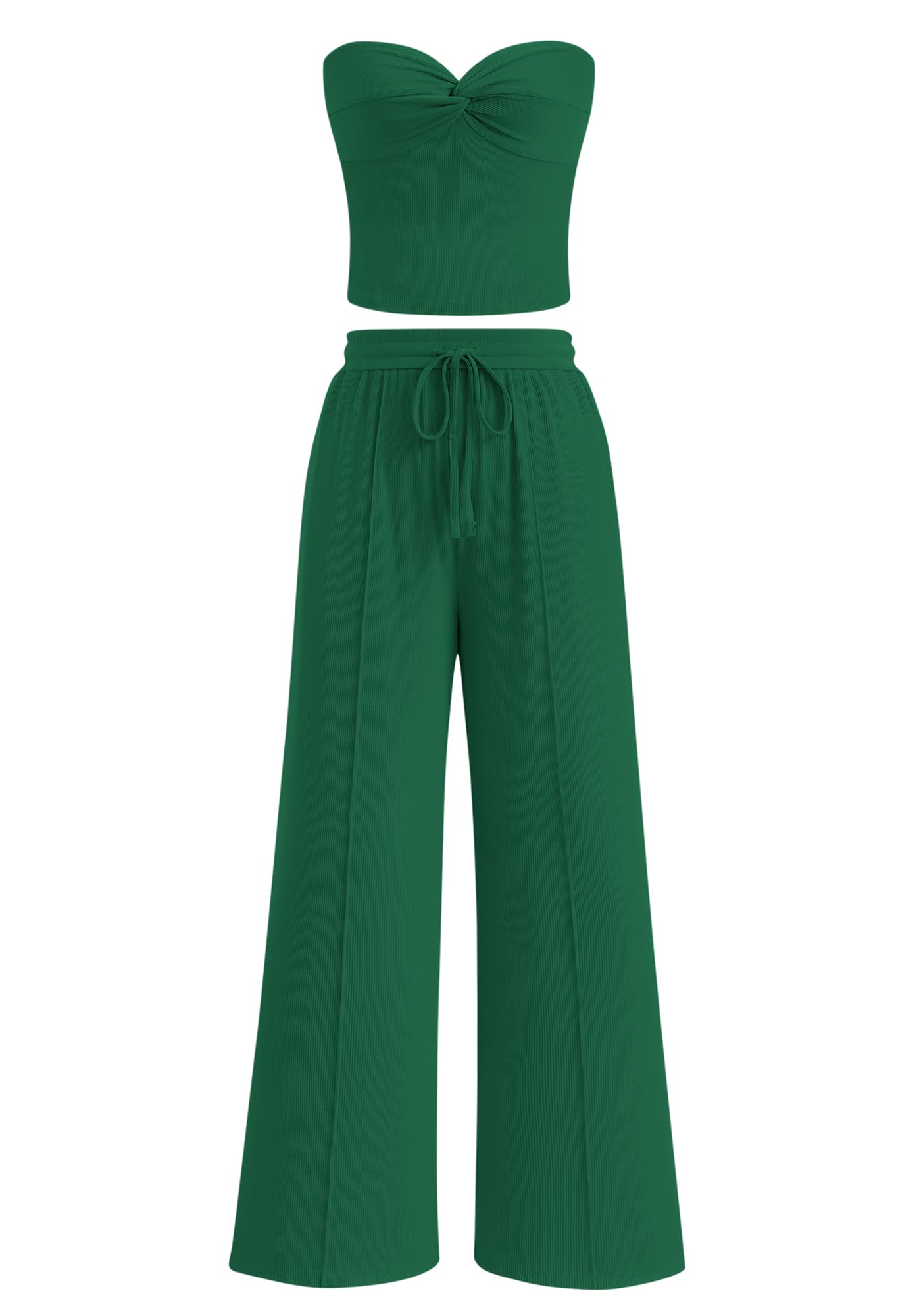 Women Ribbed Strapless Twist Knot Tube Top Pants 2 Piece Set