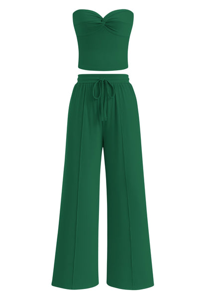 Women Ribbed Strapless Twist Knot Tube Top Pants 2 Piece Set