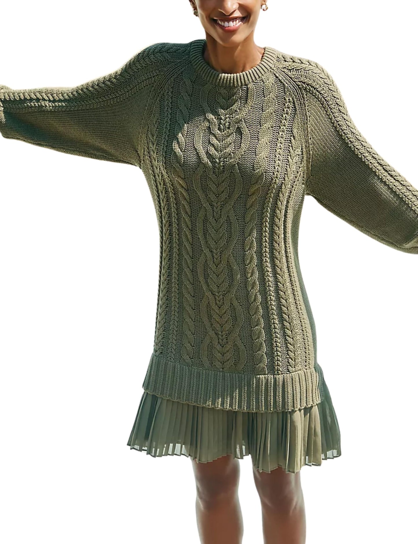 Limited time sale🔥Women Crewneck Cable Knit Sweater Mini Dress