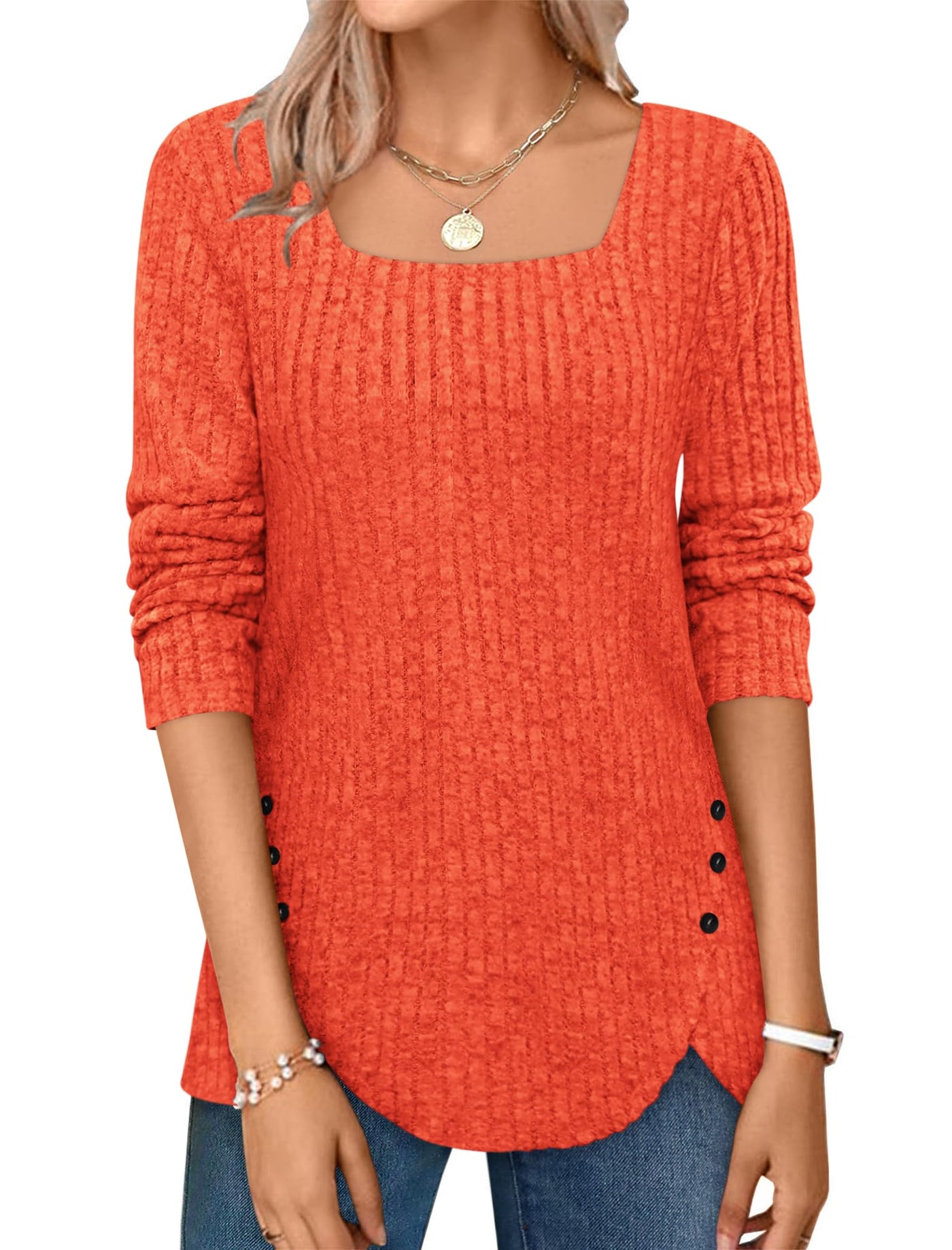 ✨Squared Neck Sweater Ribbed Knit Tunic Tee Shirts